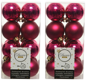 Decoris 64x Bessen roze kleine kerstballen 4 cm kunststof mat/glans