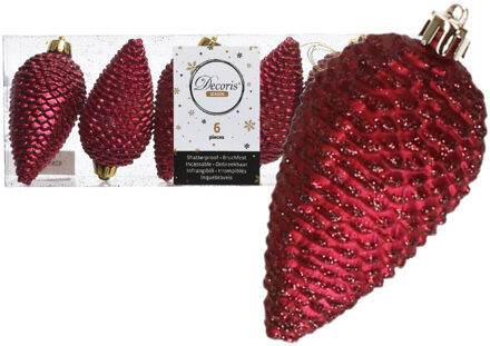 Decoris 6x Dennenappels kerstballen - donkerrood - 8 cm - kunststof - glitter - Kerstbal