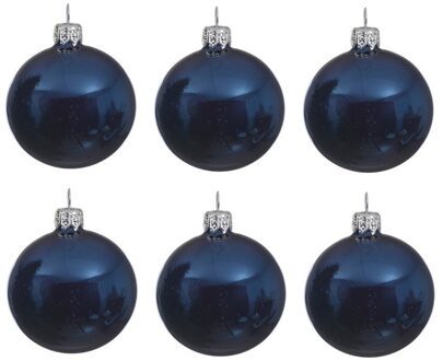Decoris 6x Donkerblauwe glazen kerstballen 6 cm glans