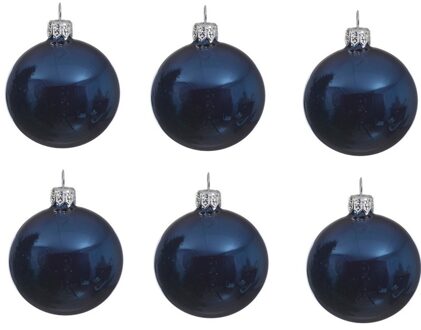 Decoris 6x Donkerblauwe glazen kerstballen 8 cm glans