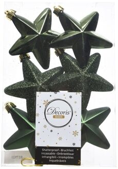 Decoris 6x Donkergroene sterren kerstballen 7 cm kunststof glans/mat/glitter - Kersthangers