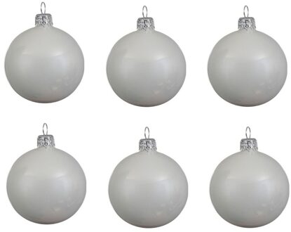 Decoris 6x Glazen kerstballen glans winter wit 8 cm kerstboom versiering/decoratie - Kerstbal