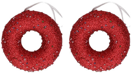 Decoris 6x Kersthangers figuurtjes kerst rode donut met kraaltjes 10 cm - Kerst rode kerstboomhangers