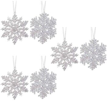 Decoris 6x Kersthangers figuurtjes zilveren sneeuwvlok/ster 12 cm glitter - Sneeuw thema kerstboomhangers - Kerstboomversieringen koper