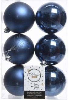 Decoris 6x Kunststof kerstballen glanzend/mat donkerblauw 8 cm kerstboom versiering/decoratie - Kerstbal