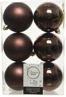 Decoris 6x Kunststof kerstballen glanzend/mat donkerbruin 8 cm kerstboom versiering/decoratie - Kerstbal