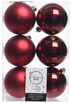 Decoris 6x Kunststof kerstballen glanzend/mat donkerrood 8 cm kerstboom versiering/decoratie - Kerstbal