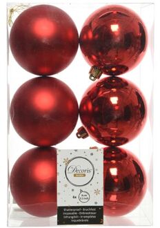 Decoris 6x Kunststof kerstballen glanzend/mat kerst rood 8 cm kerstboom versiering/decoratie kerst rood - Kerstbal