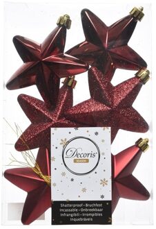 Decoris 6x Kunststof sterren kerstballen glans/mat/glitter donkerrood 7 cm kerstboom versiering/decoratie - Kersthangers