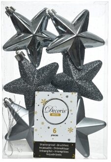 Decoris 6x Kunststof sterren kerstballen glans/mat/glitter grijsblauw 7 cm kerstboom versiering/decoratie - Kersthangers