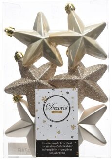 Decoris 6x Licht parel/champagne sterren kerstballen 7 cm kunststof glans