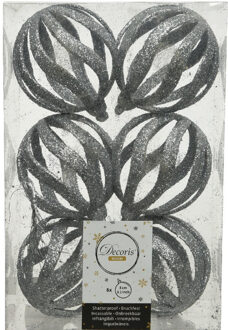 Decoris 6x Open kerstballen zilver met glitters 8 cm kunststof