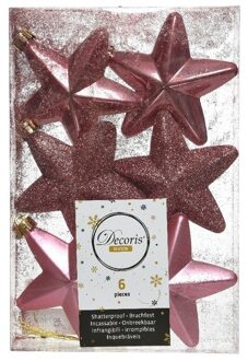Decoris 6x Oudroze kunststof sterren kerstballen/ kersthangers 7 cm