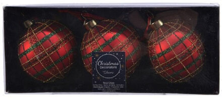 Decoris 6x Rode glazen kerstballen ruit/glitters 8 cm