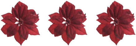 Decoris 6x stuks decoratie bloemen kerstster rood glitter op clip 24 cm - Kunstbloemen