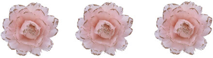 Decoris 6x stuks decoratie bloemen lichtroze met veertjes op clip 11 cm
