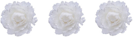 Decoris 6x stuks decoratie bloemen wit met veertjes op clip 11 cm