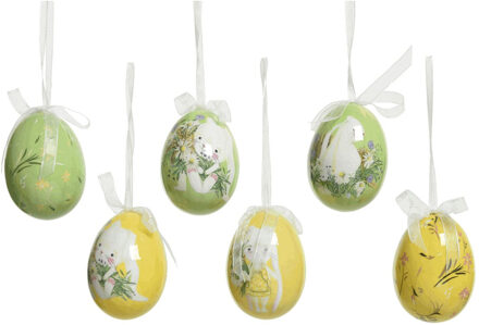 Decoris 6x stuks decoratie paaseieren hangend - 6 cm - konijntjes - foam Geel