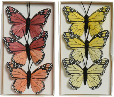 Decoris 6x stuks decoratie vlinders op draad - rood - geel - 6 cm