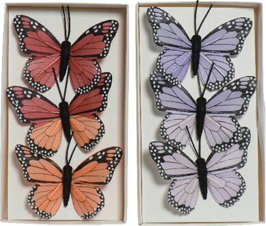 Decoris 6x stuks decoratie vlinders op draad - rood - paars - 6 cm