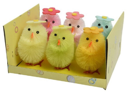 Decoris 6x stuks gekleurde paaskuikentjes met bloem 6,5 cm