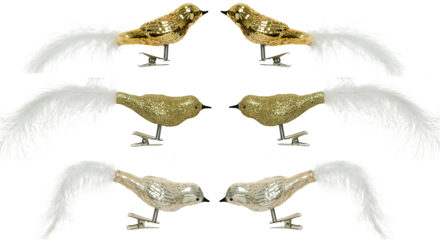 Decoris 6x stuks glazen decoratie vogels op clip champagne/goud 8 cm