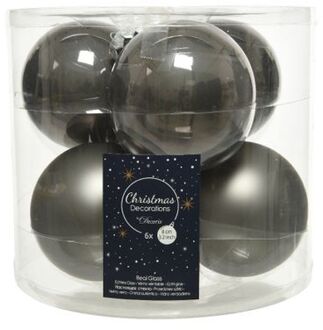 Decoris 6x stuks glazen kerstballen antraciet (warm grey) 8 cm mat/glans - Kerstbal Grijs