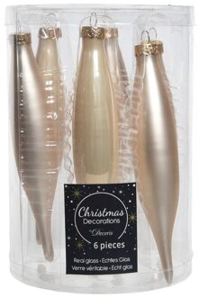 Decoris 6x stuks glazen kersthangers ijspegels kerstballen licht parel/champagne 15 cm