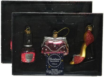 Decoris 6x stuks glazen kersthangers nagellakjes, handtassen en pumps kerstornamenten