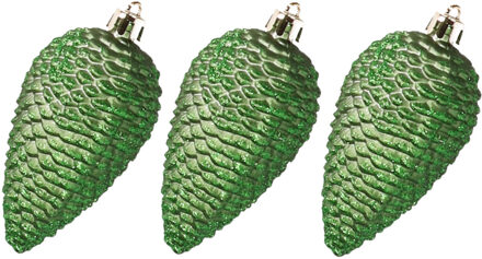 Decoris 6x stuks kunststof dennenappels kerstballen 8 cm donkergroen glitter
