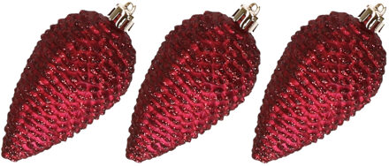 Decoris 6x stuks kunststof dennenappels kerstballen 8 cm donkerrood glitter - Kersthangers