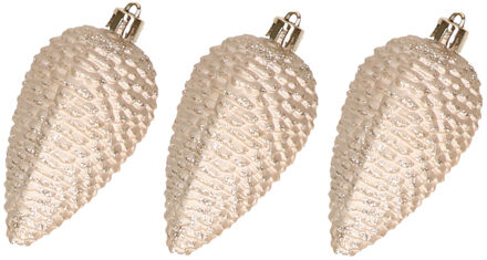 Decoris 6x stuks kunststof dennenappels kerstballen 8 cm licht parel/champagne glitter - Kersthangers Champagnekleurig