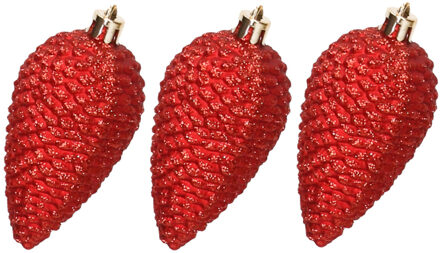 Decoris 6x stuks kunststof dennenappels kerstballen 8 cm rood glitter - Kersthangers