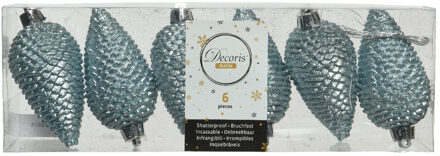 Decoris 6x stuks kunststof glitter dennenappels kersthangers lichtblauw 8 cm - Kersthangers