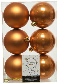 Decoris 6x stuks kunststof kerstballen cognac bruin (amber) 8 cm glans/mat - Kerstbal