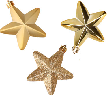 Decoris 6x stuks kunststof sterren kerstballen 7 cm goud glans/mat/glitter - Kersthangers Goudkleurig