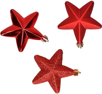 Decoris 6x stuks kunststof sterren kerstballen 7 cm rood glans/mat/glitter - Kersthangers