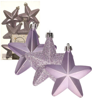 Decoris 6x stuks kunststof sterren kersthangers heide lila paars 7 cm