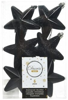 Decoris 6x Zwarte sterren kerstballen 7 cm kunststof glans/mat/glitter