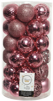 Decoris 74x stuks kunststof kerstballen lippenstift roze 6 cm glans/mat/glitter mix