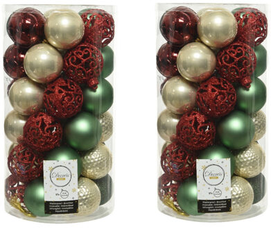 Decoris 74x stuks kunststof kerstballen parel/donkerrood/donkergroen/saliegroen 6 cm mat/glans/glitter - Kerstbal Multikleur