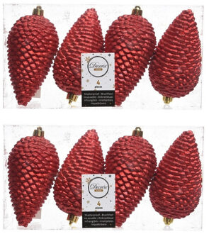 Decoris 8x Kunststof dennenappel kerstballen glitter kerst rood 12 cm kerstboom versiering/decoratie - Kersthangers