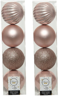 Decoris 8x stuks kunststof kerstballen lichtroze (blush pink) 10 cm