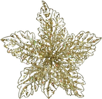 Decoris Bellatio Decorations Kersthangers - 23 cm - glitter bloem - goud