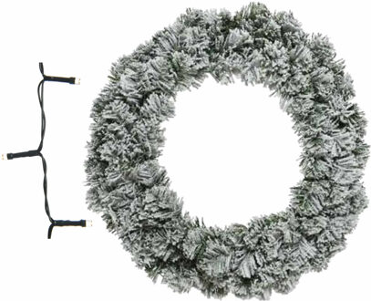 Decoris Besneeuwde kerstkrans/dennenkrans/deurkrans 60 cm inclusief warm witte verlichting - Kerstkransen Groen