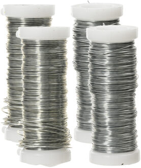 Decoris Binddraad/wikkeldraad - 4x rolletjes - zilver - 30 m x 0,3 mm - hobbydraad/bloemendraad