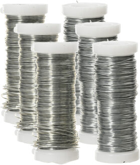 Decoris Binddraad/wikkeldraad - 6x rolletjes - zilver - 30 m x 0,3 mm - hobbydraad/bloemendraad