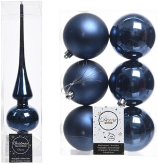 Decoris Blauwe kerstversiering/kerstdecoratie set piek en 6x kerstballen 8 cm glans/mat - Kerstbal