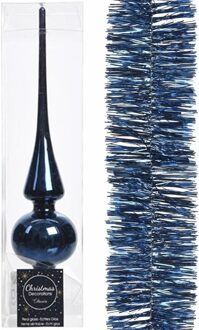 Decoris Blauwe kerstversiering/kerstdecoratie set piek en folie slinger 270 cm - Kerstslingers