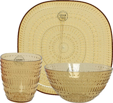 Decoris Camping serviesset - 12-delig - geel - kunststof - 4 personen